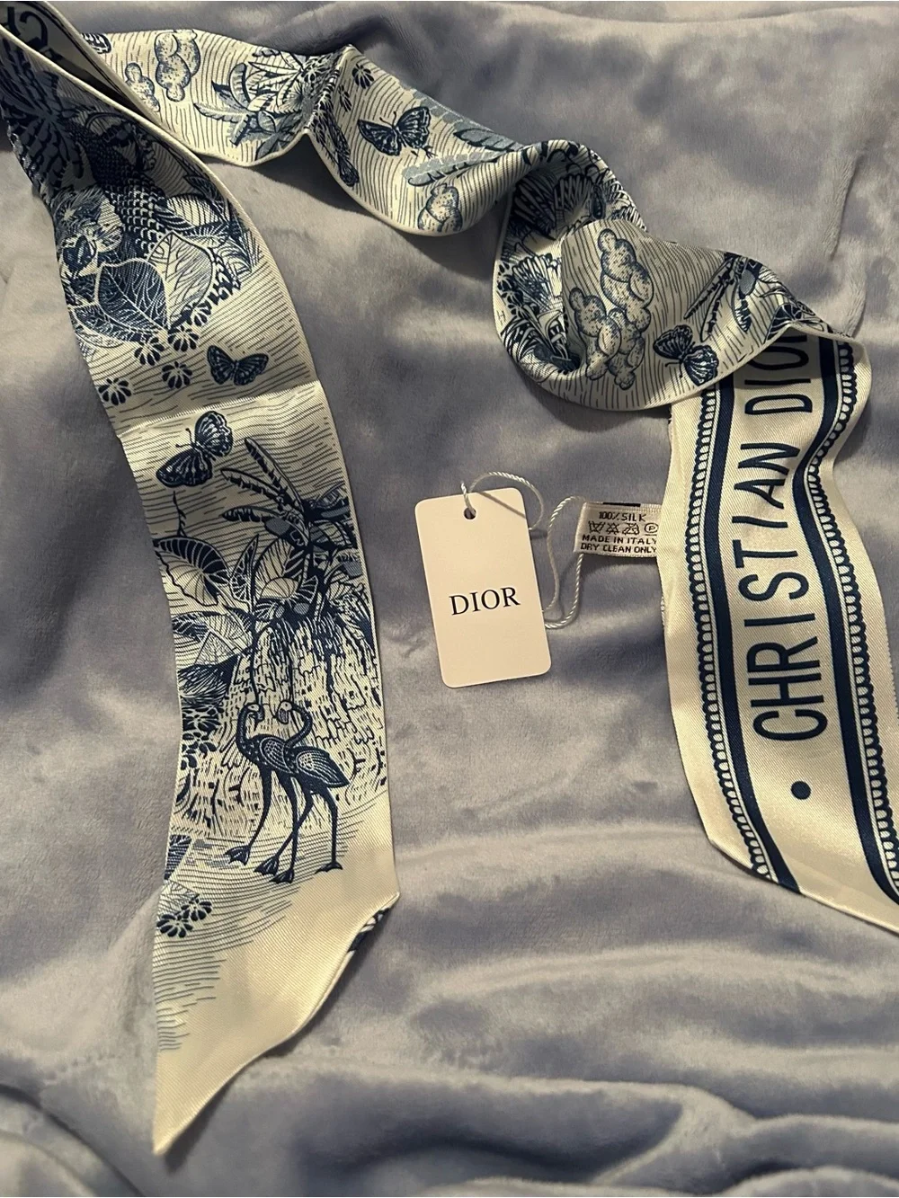 CD Ivory and Navy Silk Twilly Scarf